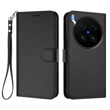 Leather Wallet Phone Case, 3 Card Slots Flip Folio Cover with Kickstand, Hand Strap, Shockproof Protective Phone Purse Case Compatible with VIVO X300 ULTRA 5G-Black