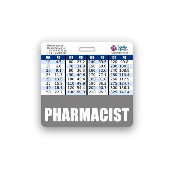 Pharmacist Badge Buddy Horizontal w/Height & Weight Conversion Charts (Standard, Gray)