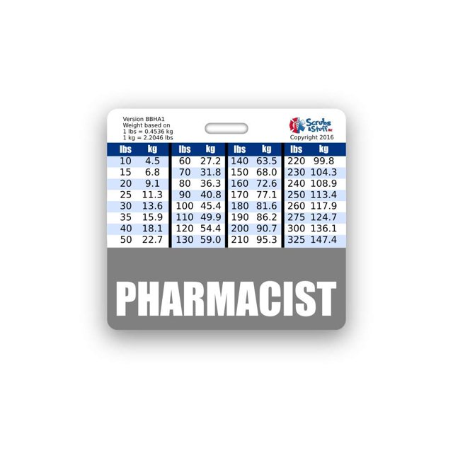 Pharmacist Badge Buddy Horizontal w/Height & Weight Conversion Charts (Standard, Gray)
