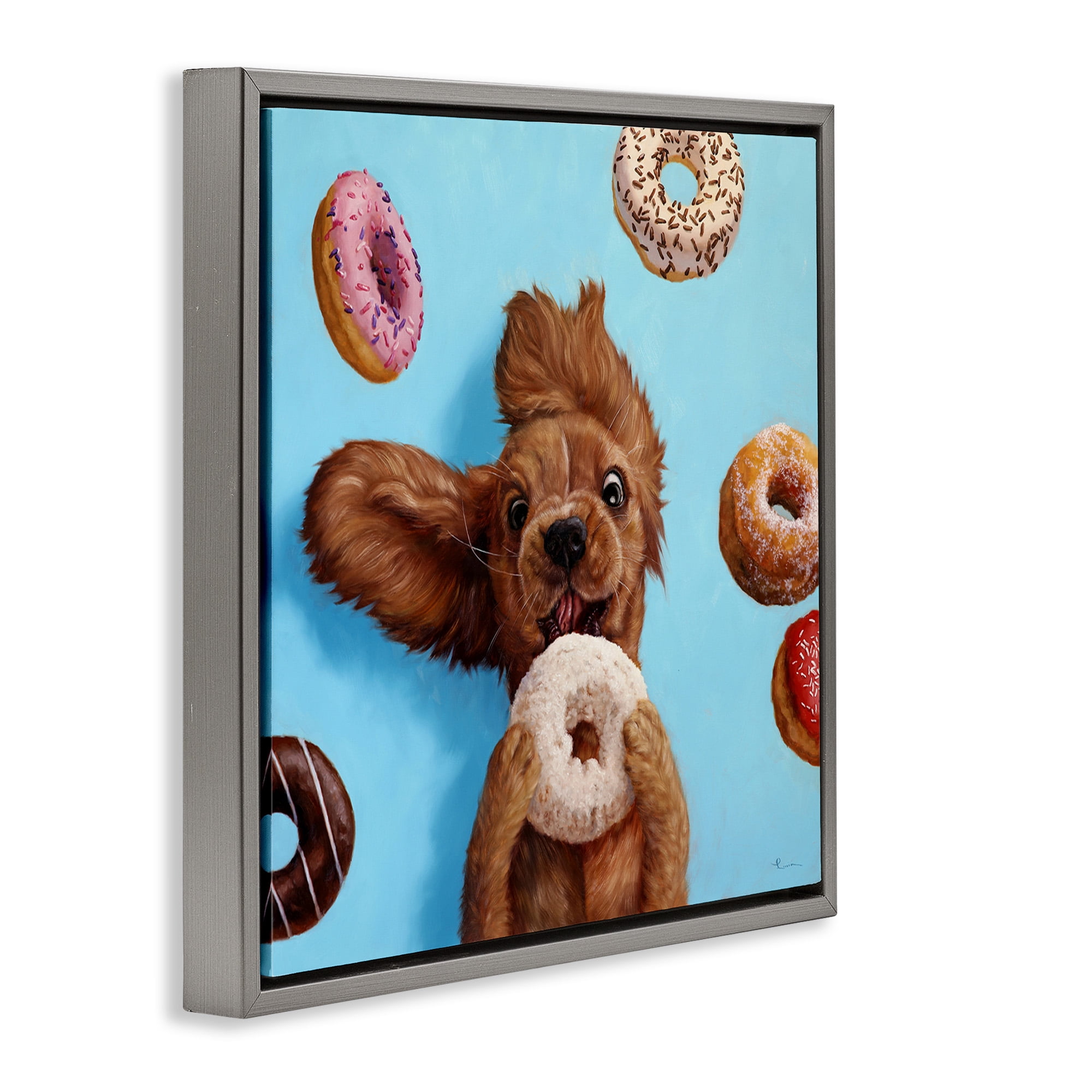 Stupell Industries Funny Dog Licking Donut Animals & Insects Painting Gray Floater Framed Canvas Art Print Wall Art, 18 x 18