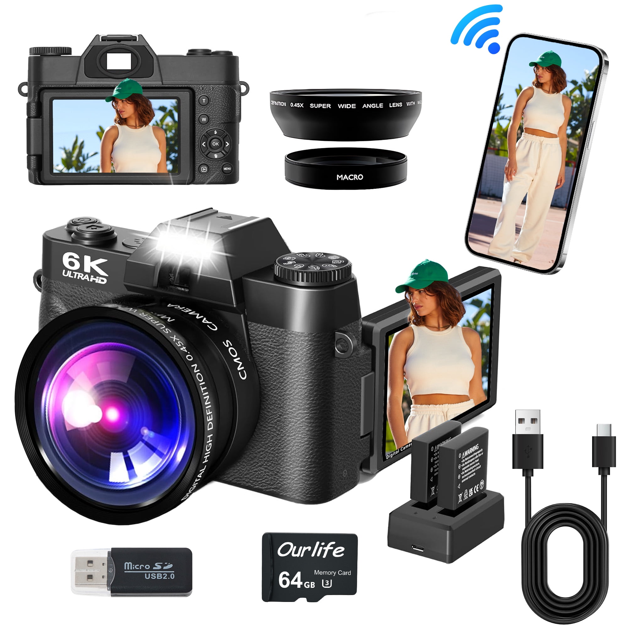 Ourlife 6K Digital Camera 64MP 16X Zoom WiFi, Wide-Angle & Macro Lens Autofocus WiFi Vlogging Camera for Youtube Tiktok Content Creator 64GB Card Black
