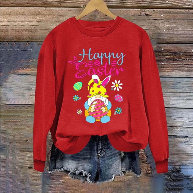 Jsaierl Chandails de Pâques pour Femmes Tendance Imprimé Graphique Lapin Pulls Décontractés Manches Longues Col Rond