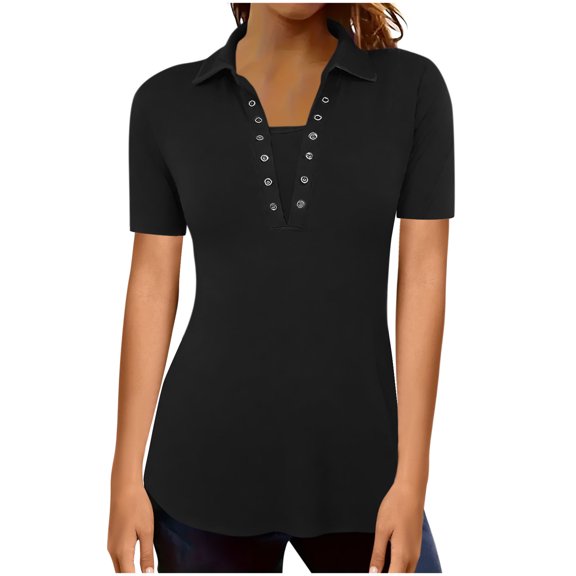 ZQGJB Women's Short Sleeve V-Neck Collared Tunic Tops Trendy Solid Color Summer Business Casual Work Polo Shirts 2025 Fashion Outfit Clothes Black XXL
