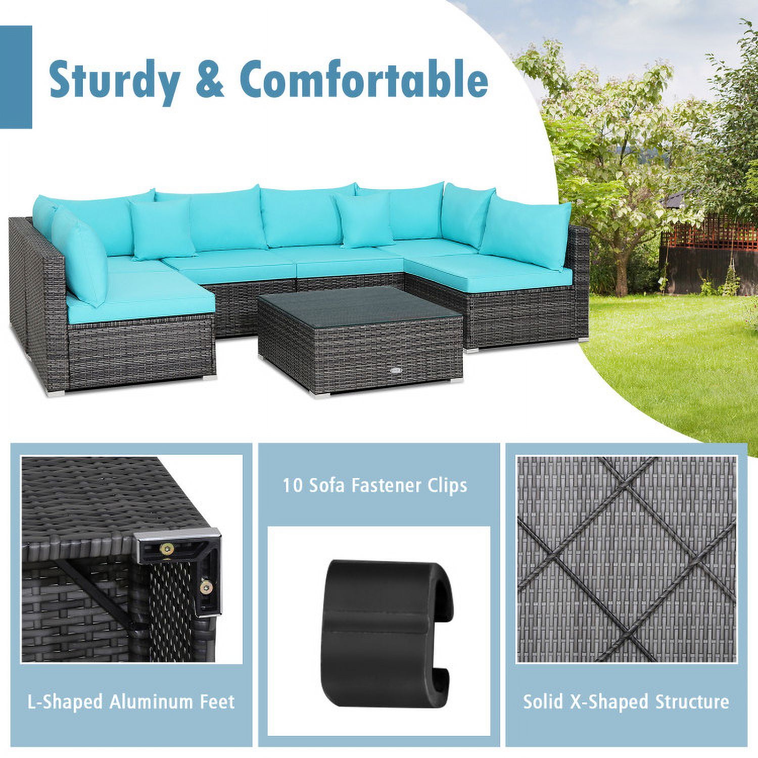 Aimee Lii 7 Pieces Patio Rattan Furniture Set Sectional Sofa Garden Cushion, Outdoor Patio Set, Turquoise Aimee Lii 7 Pieces Patio Rattan Furniture Set Sectional Sofa Garden Cushion, Outdoor Patio Set, Turquoise