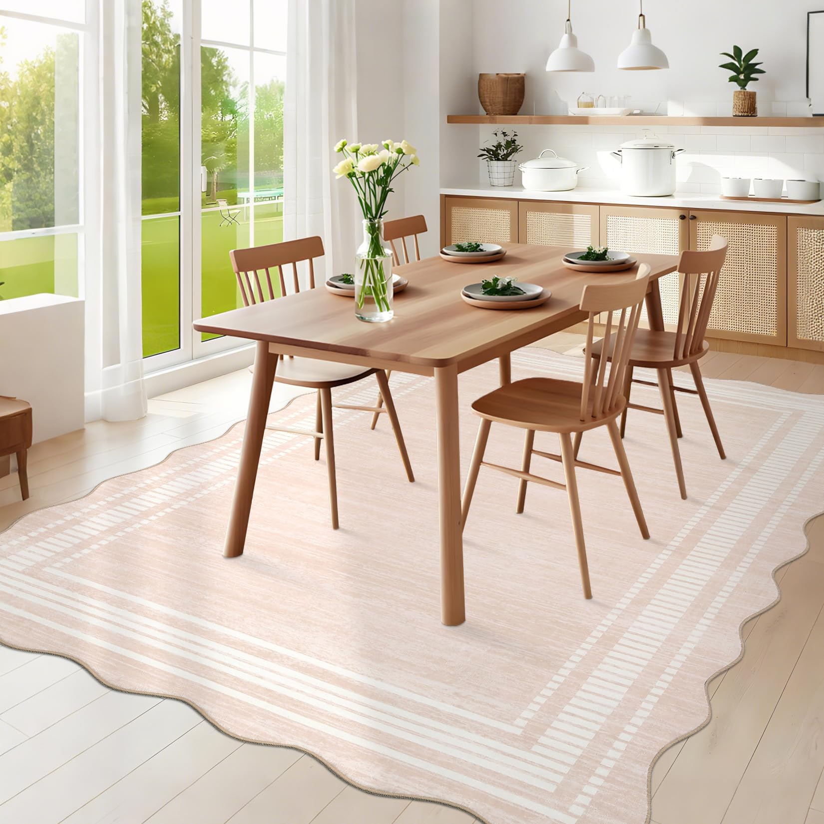 Washable Rug 8x10 Area Rugs for Living Room Bedroom, Non Slip Low Pile Solid Neutral Soft Carpet, Modern Scalloped Pattern, Faux Wool Floor Mats for Dining Room Home Office, Natural Ivory