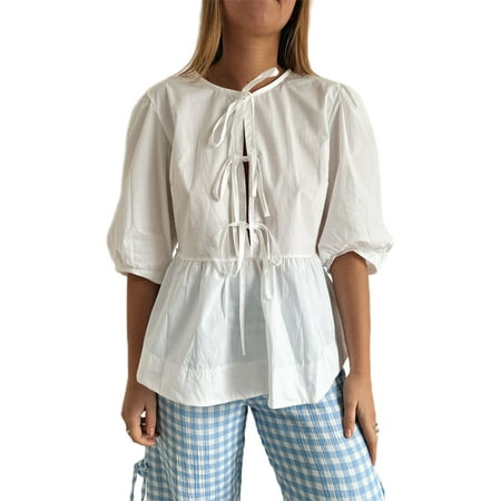 JBEELATE Women Bow Tie Front Shirt Top Cute Puff Sleeve Y2K Peplum Ruffle Babydoll Blouse Lace Up Summer Going Out Tops