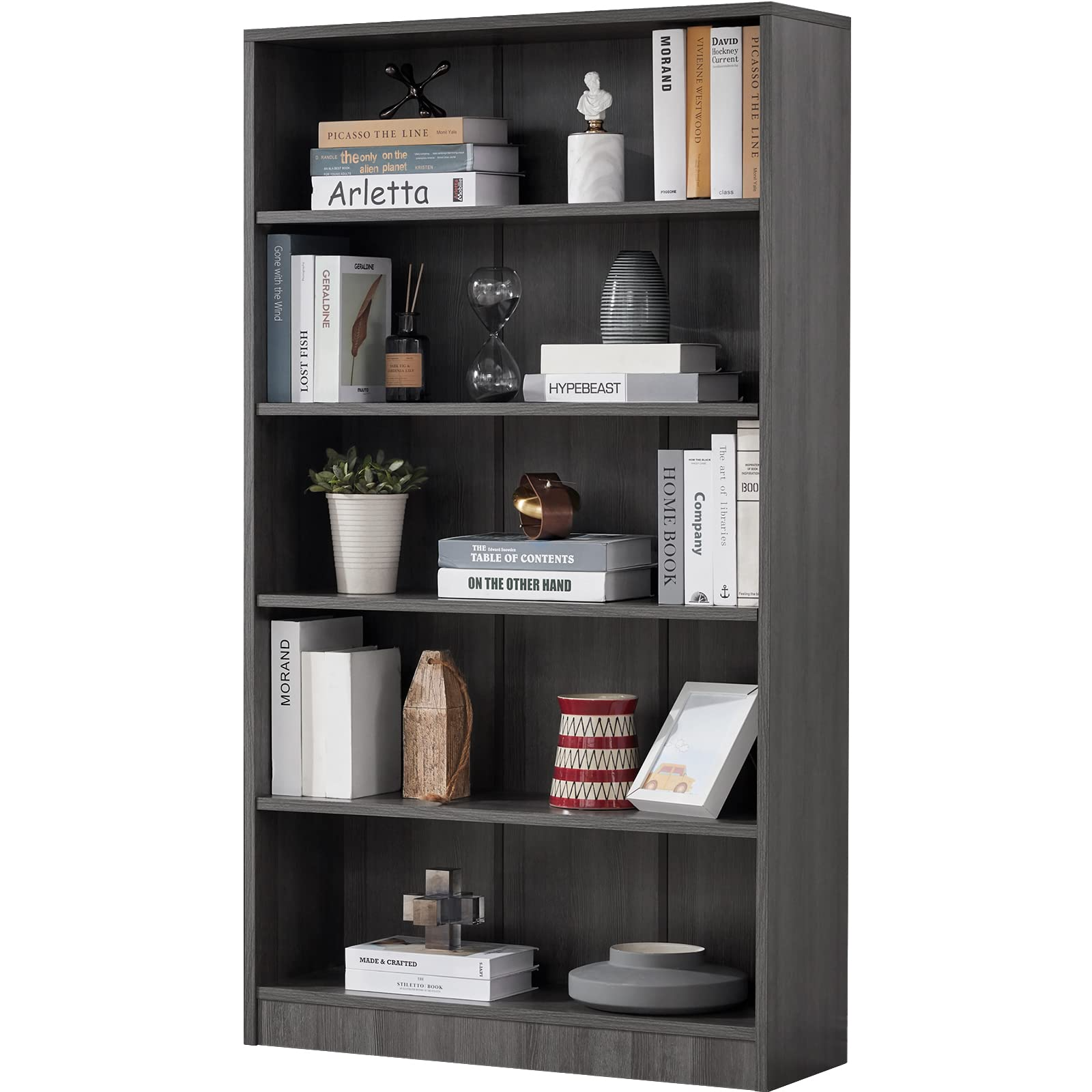 Grey Bookshelf for Bedroom 5 Shelf Office Bookcase 60 Inches Tall