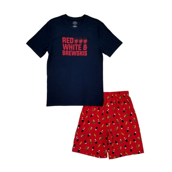 Mens 2-Piece Red White & Brewskis T-Shirt & Shorts Sleepwear Pajama Set Medium