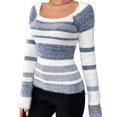 thumbnail image 3 of Women'S Pullover Striped Knit Square Neck Sweater Color Block Long Sleeve Cute Trendy Fuzzy Sweaters Blue XS, 3 of 9