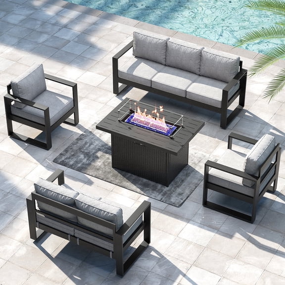 LayinSun 5 Piece Hight Back Aluminum Outdoor Furniture Set with Fire Pit Table, Modern Patio Conversation Sets