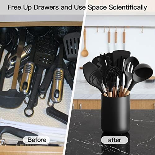 Black Kitchen Utensil Holder for Countertop, Large 7.2 Matte Ceramic Cooking Utensil Crock for Counter Easy to Clean, Modern Spatula Holder for Farmhouse Décor 7.2×5.8 INCH