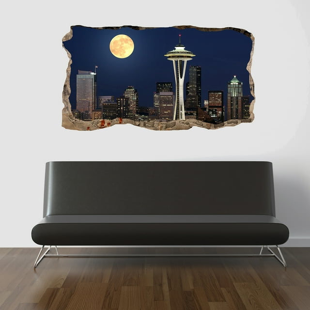 Startonight 3D Mural Wall Art Photo Decor Window Moon on the City Amazing Dual View Surprise Large 47.24 By 86.61 inch Wall Mural Wallpaper Bedroom Urban Collection Wall Paper Art