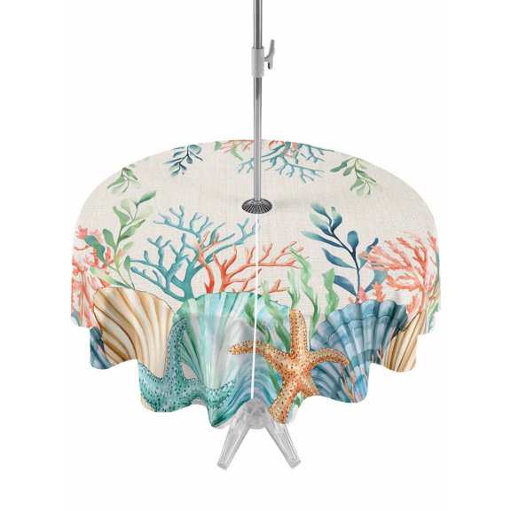 Outdoor Tablecloth with Umbrella Hole and Zipper, Summer Ocean Round Table Cloth 54 Inch Waterproof Tablecloth, Watercolor Coastal Coral Shell Seaweed Beige Picnic Table Cover for Patio Camping