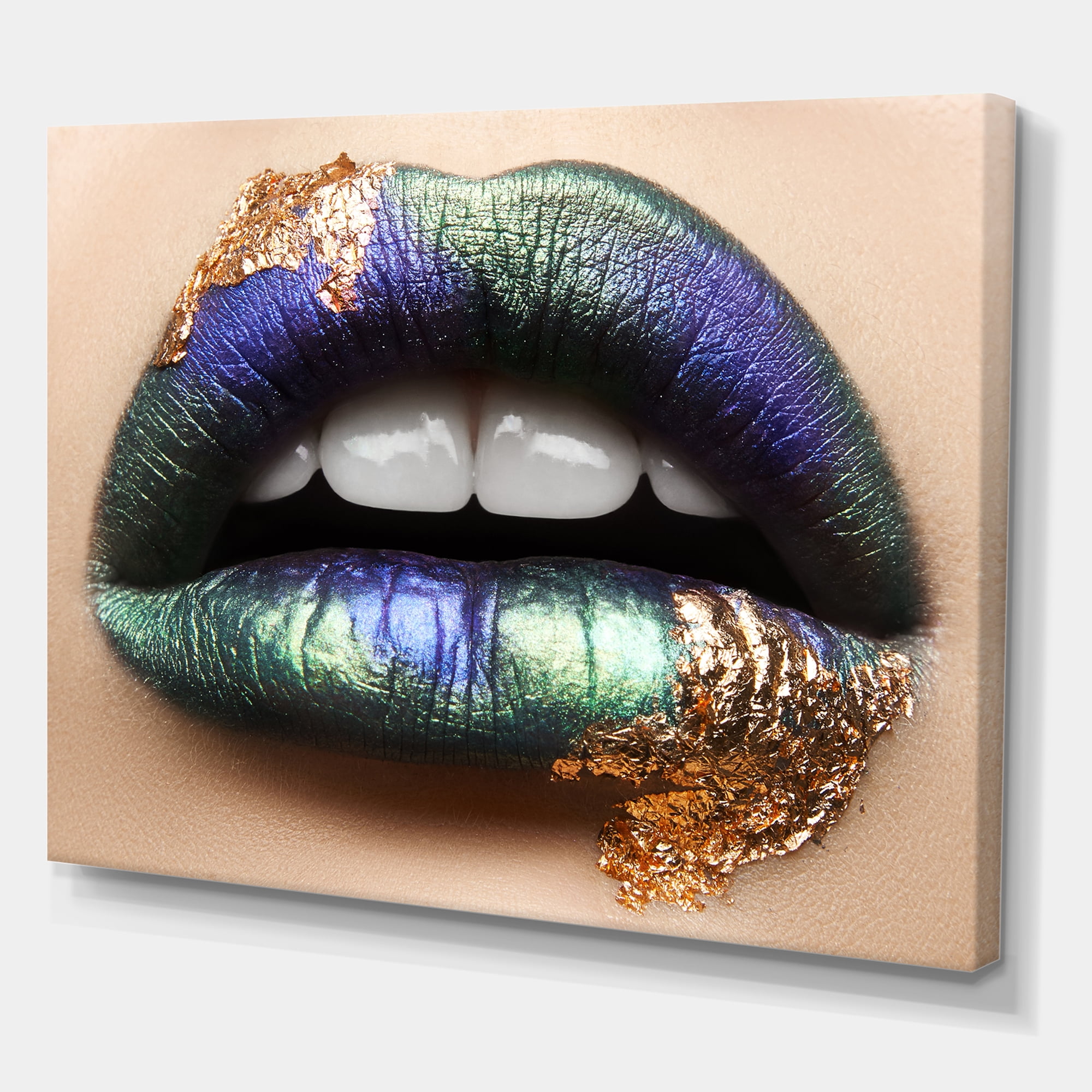 Woman Lips With Green Lipstick & Teeth 12 in x 8 in Painting Canvas Art Print, by Designart