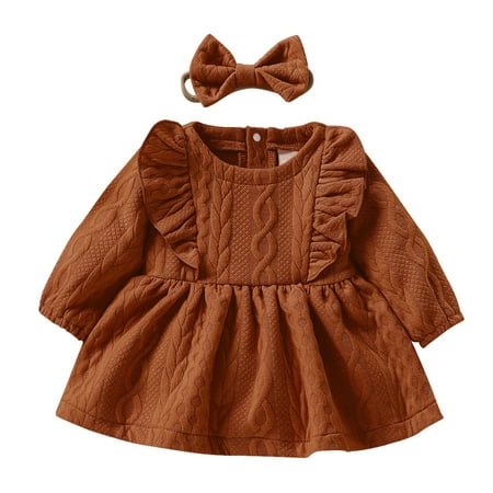 

Baby Dreses Girl Ruffle Long Sleeve Dress Solid Round Collar Party Dress Fall Winter Skirt Outfit With Bowknot Hair Band Vacation Party Sundress For Child