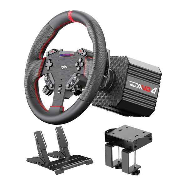 PXN Direct Drive Racing Wheel, VD4 Bundle - 4Nm Force Feedback Servo Motor Base, 11-Inch Steering Wheel, Hall Effect 2-Pedal Set, Desk Clamp Mount - PC Sim Racing Bundle for Windows 7-11