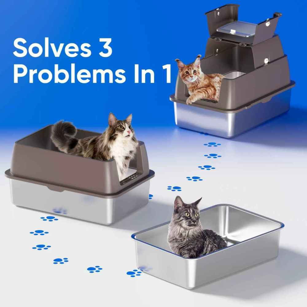 DVPETS 18" Stainless Steel Cat Litter Box with Flip-Top Lid Odor-Free Anti-Leak for Big Cats