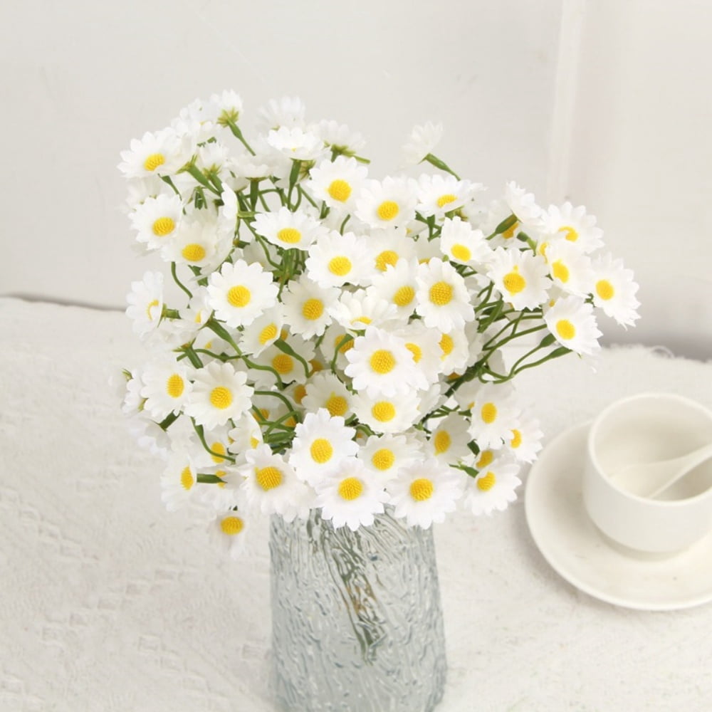 Trianu 6 Bundles Mini Artificial Daisy Flowers 36Pcs 10inch Fake Brazilian Daisy Bouquets Pastoral Style for Home Table Garden Window Wedding Indoor Outside Decoration (White)