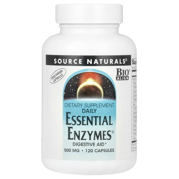 Source Naturals Essential Enzymes 500mg Bio-Aligned Supplement, 120 Vegetarian Capsules