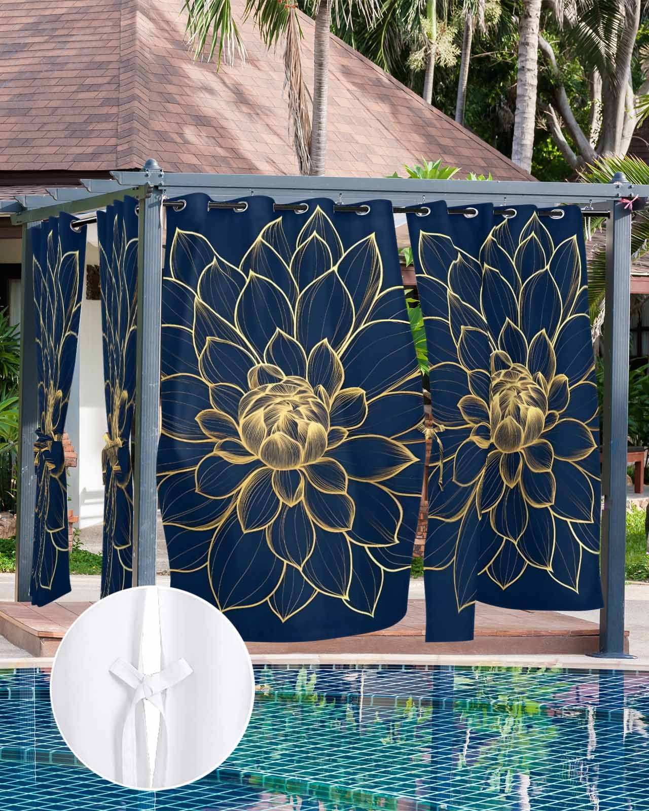 Navy Blue Yellow Spring Floral Outdoor Curtains for Patio, Chic Blossoms Botanical Privacy Drapes Grommet Waterproof Outside Curtains for Porch/Cabana/Balcony 54"x 108", 1 Panel