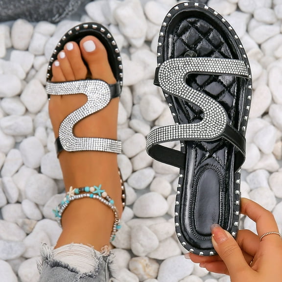 CQONEPT Women's Rhinestone Flat Sandals Open Toe Summer Glitter Bling Sparkle Dressy Slip on Outdoor Crossed Strap Slide Size 7 Black
