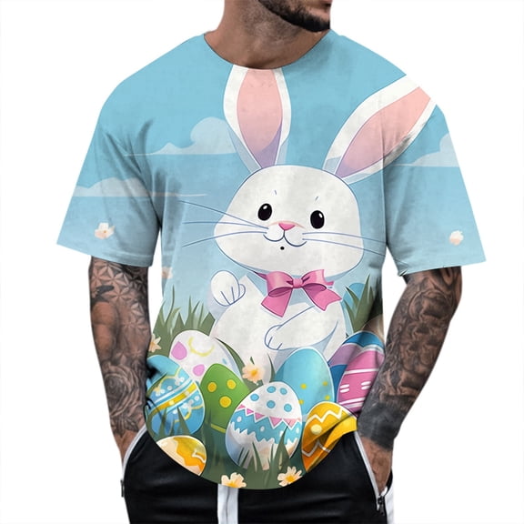 Mens Easter T Shirt Theme Print Short Sleeve Round Neck Floral Trend Bottoming Rugby Shirt for Men,White,M