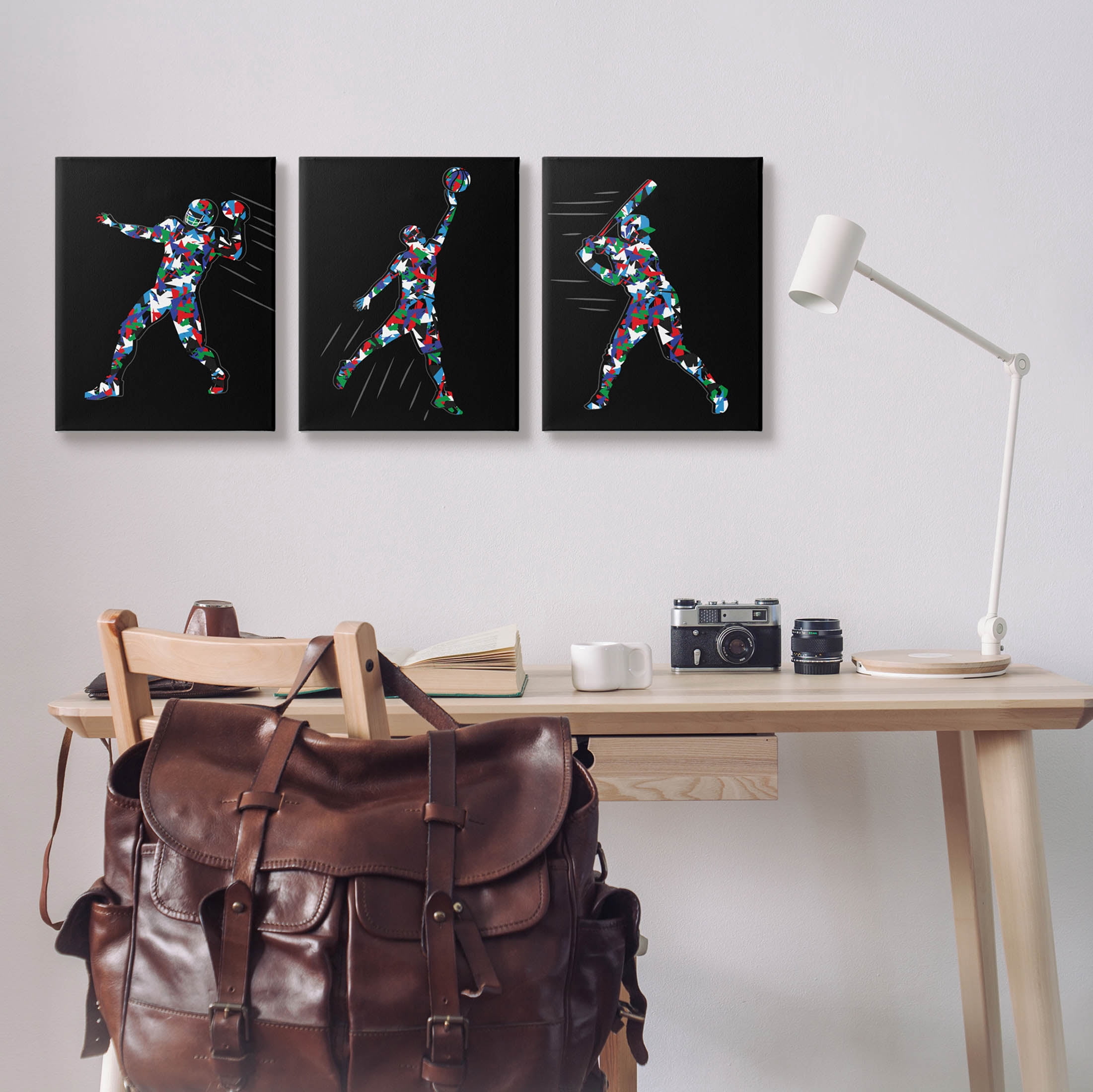 Stupell Industries Geometric Pattern Sports Players Graphic Art Gallery Wrapped Canvas Print Wall Art, Set of 3, Design by Arrolynn Weiderhold