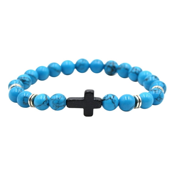 Natural Stone Cross Elastic Bracelet, 8mm Bead Stretch Bracelet for Couples & Easter Gift Giving, Faith-Inspired Daily Wear Accessory