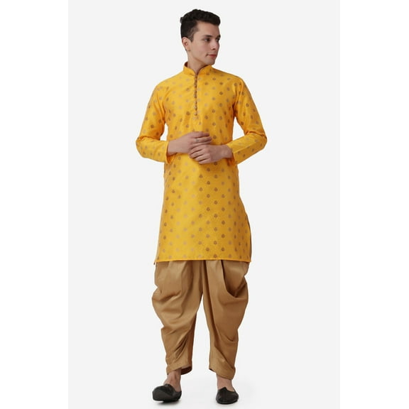 Royal Kurta Elegant Mustard Jacquard Silk Printed Long Kurta and Bronze Salwar for Men