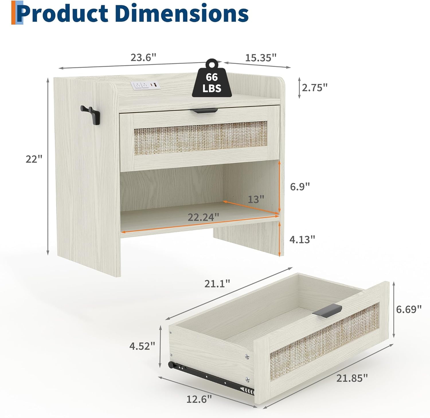 Historyli Bedside Table,Rattan Nightstand, Boho Night Stand with Type-C Charging Station,1 Storage Drawer,and Open Storage Space,End Table,Side Tables,Suitable for Bedroom,Living Room,Milky white