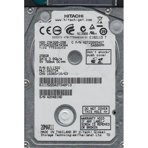 HTS543225A7A384, PN 0J11522, MLC DA3734, Hitachi 250GB SATA 2.5 Hard Drive