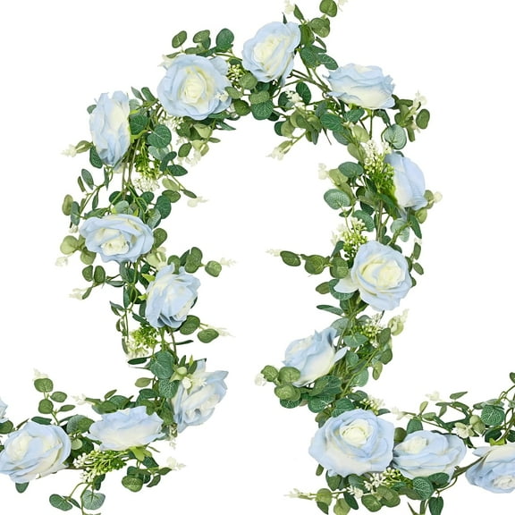 3FT Artificial Eucalyptus Garland with Flowers, Ice Blue Flower Garland Silk Ice Blue Rose Garland Faux Autumn Floral Garland for Table, Party, Wedding, House, Wall Decor