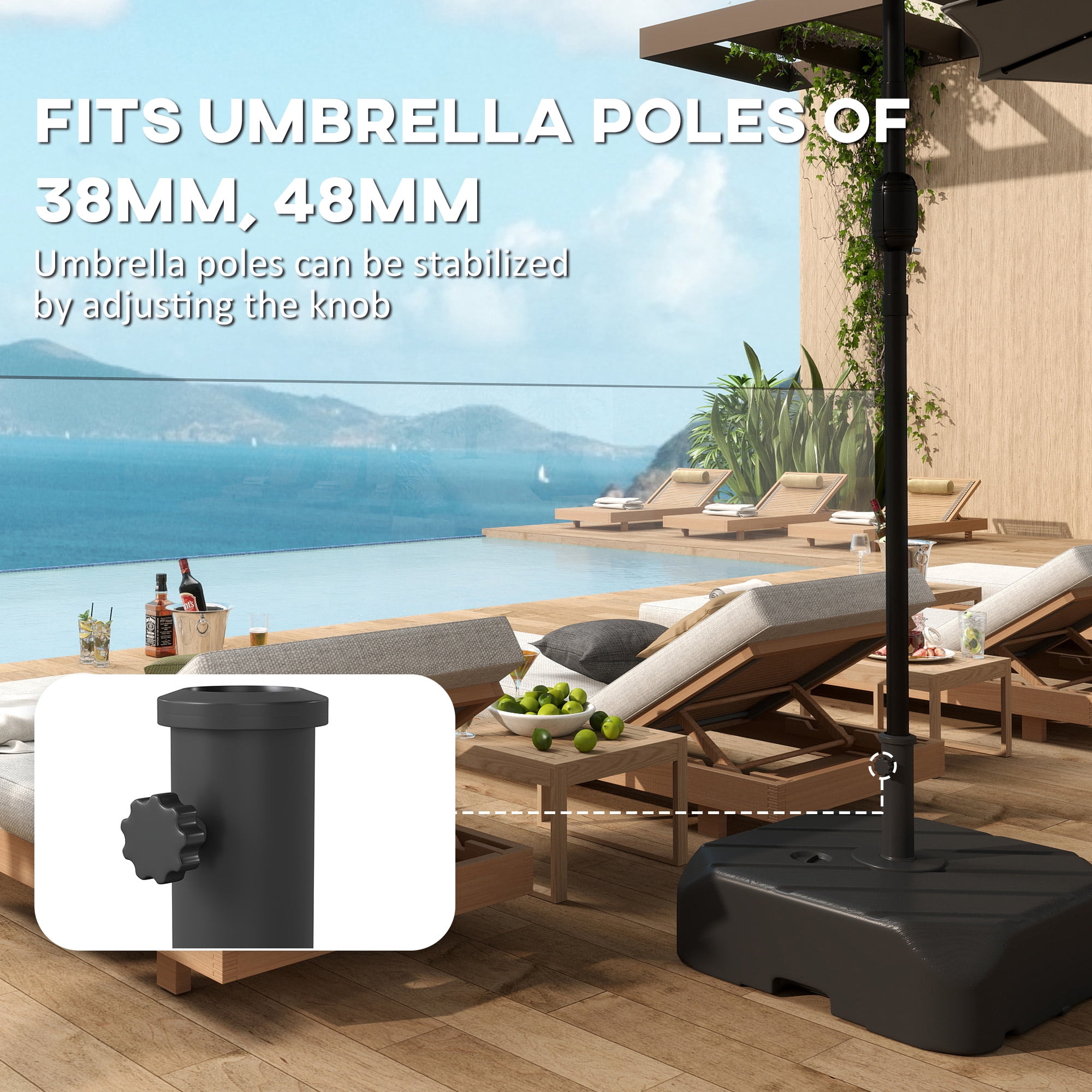 Outsunny Square Patio Umbrella Base with Wheels, Telescopic Handle, 158 lb Sand or 99 lb Water Filled Umbrella Stand Base for 1.5"/1.9" Poles, Black