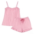 thumbnail image 5 of Qiopertar Women's 2 Piece Satin Pajama Set Ruffle Tank Top and Shorts Sleepwear Loungewear Bridal Pajamas Casual Comfy Elastic Waistband Loose Fit, Pink S, 5 of 6