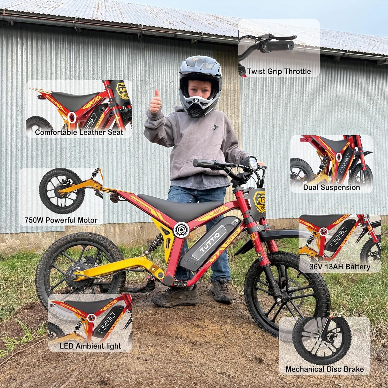 TUTTIO ARC-I Electric Dirt Bike for Kids Aged 8-13, 750W & 22MPH Electric Motorcycle with 5 Speed Modes and LED Light
