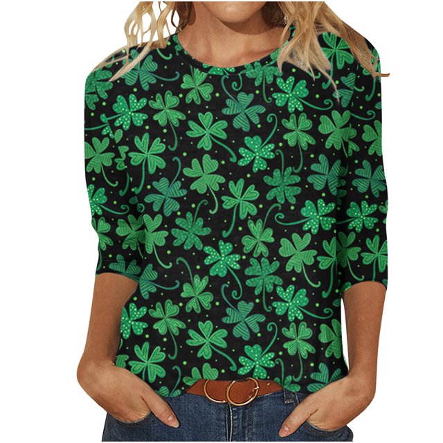 QIPOPIQ T-Shirts pour Femmes à Manches 3/4 à Col Rond Fête de la Saint-Patrick Shamrock T-Shirt Imprimé T-Shirt Vert Chanceux T-Shirts Fête de la Saint-Patrick T-Shirt Tunique Ample Hauts Col Rond Chemises de Fête Aubaines