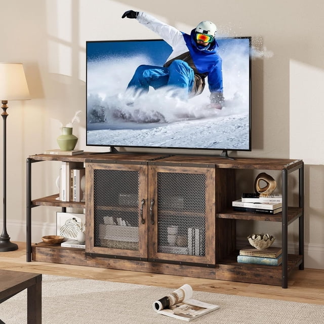 Mesa de TV para 65-pulgada tv: industrial entertainment center con mesh door y estantes - 63-pulgada vintage estilo rural TV media consola
