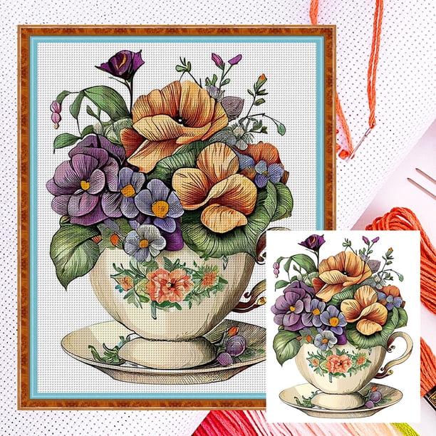 Kit Punto Cruz Flores Contadas Hilo Algodón Ecológico Bordado 18CT 20x25cm