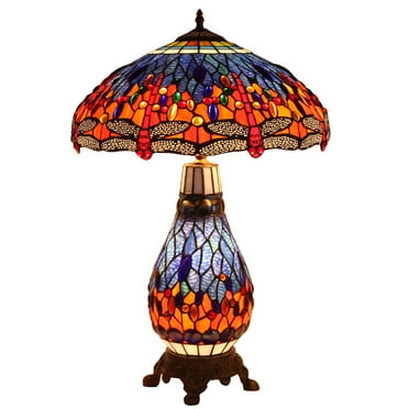 Bieye L10545 18-inches Dragonfly Tiffany Style Stained Glass Table Lamp with Metal Base, 26-inch in Height