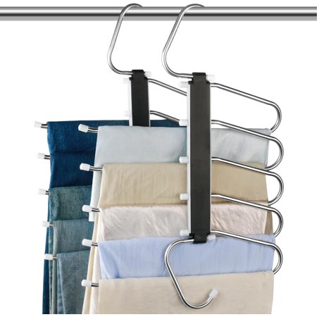 Pants Hangers Space Saving Clothes Hangers 5 Layers, Non Slip Pant Hanger for Closet Organizers and Storage, Stainless Steel Jean Hangers Multifunctional Pant Rack for Trouser, Scarf, Skirt 2 Pack