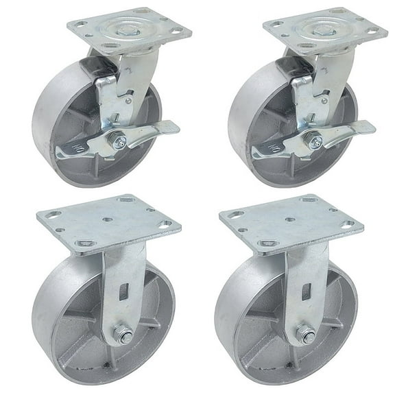 6 inch x 2 inch STEEL Heavy Duty Industrial Top Plate Casters, 2 Swivel Top Lock Brake & 2 Rigid Casters, 4800 LBS Load Capacity (4-Pack) - ICON 6600 Series