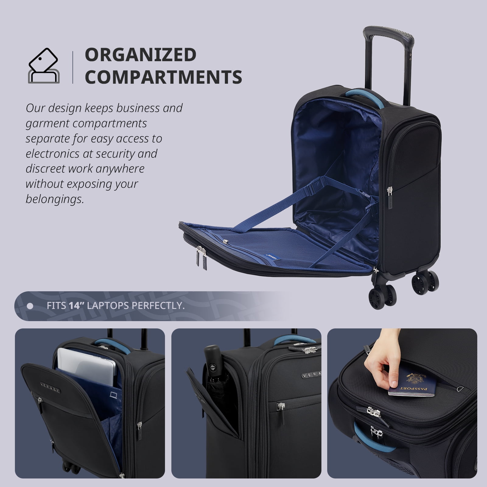 VERAGE Underseat Carry on Luggage with spinner Wheels & USB Port,Bag for Airlines, Lightweight Suitcase for Men Women, Pilots and Crew, Black (14-Inch)