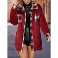 thumbnail image 6 of Women Fleece Button Down Plaid Long Coat Lapel Hooded Fleece Lined Jacket Fashion Color Block Tops Wine Red XXL, 6 of 8