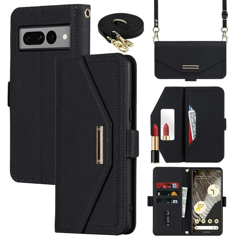 Google Pixel 7 Case For Women With Card Holder 6.3" 5G 2022,Google Pixel 7 Phone Case With Strap, Crossbody Lanyard Cases With Credit Card Slots With Stand,Rosegold