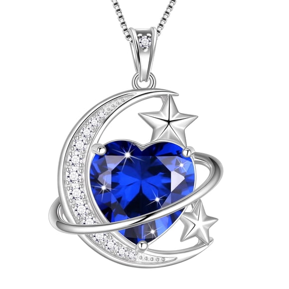 Juwaliy 13MM Mujeres Moon Stars Necklace Corazón Septiembre Piedra de Nacimiento Dije de Plata Esterlina 925 Zafiro Azul Joyería Navidad San Valentín Cumpleaños Regalo Del Día de la Madre para