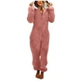 thumbnail image 4 of JURANMO Women Long Sleeve Hooded Jumpsuit Pajamas,2024 Women Trendy Color Block Patchwork Full Zip Jumpsuit Pajamas with Two Cute Ears Casual Plus Size Solid Color Rompe Sleepwear, 4 of 8