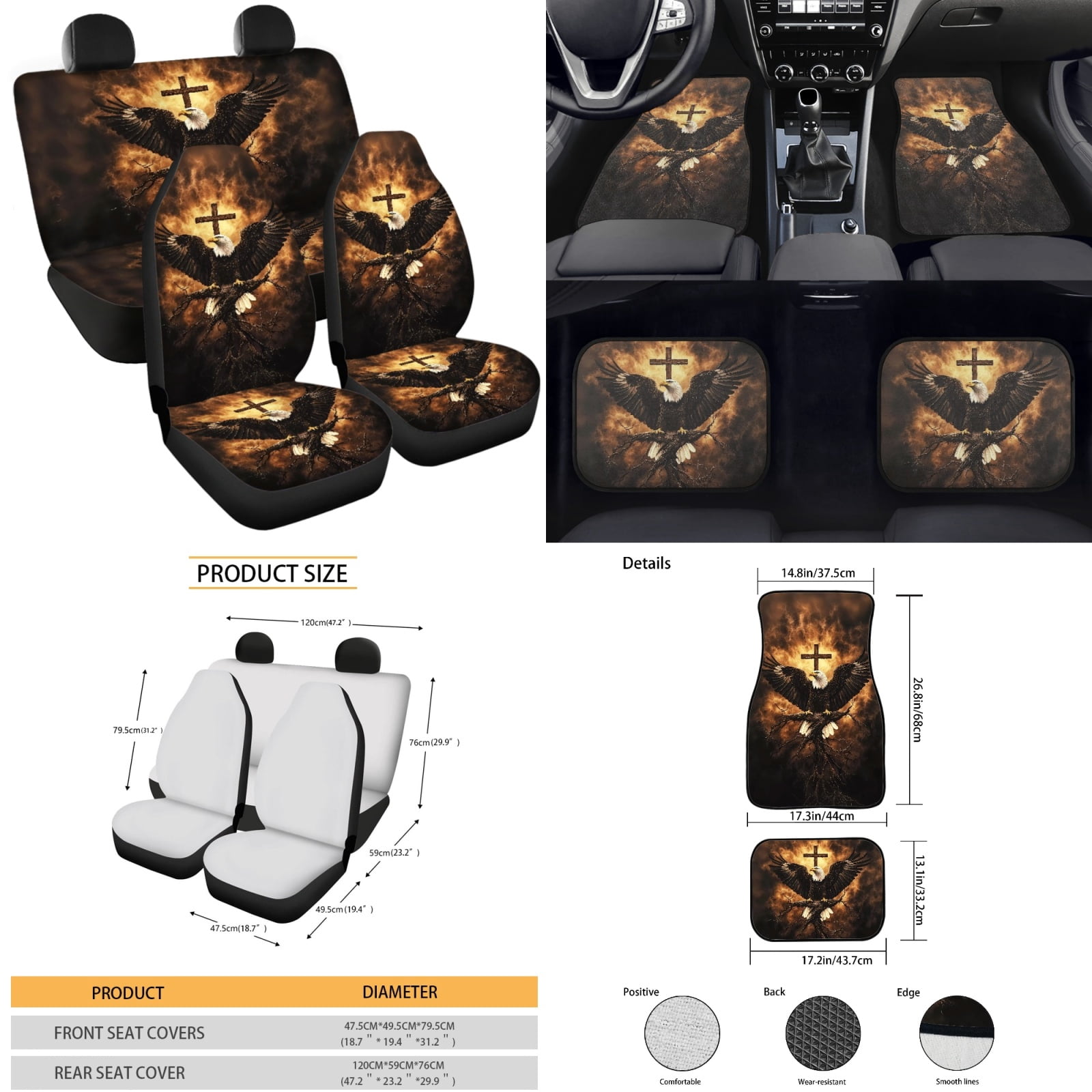 Yuyamidu Eagle Car Seat Cover Full Set with Car Floor Mats Cross Steering Wheel Cover Seatbelt Cover Gear Shift Knob Cover Cup Coasters 15 Pack Auto Accessory for SUV Sedan Van