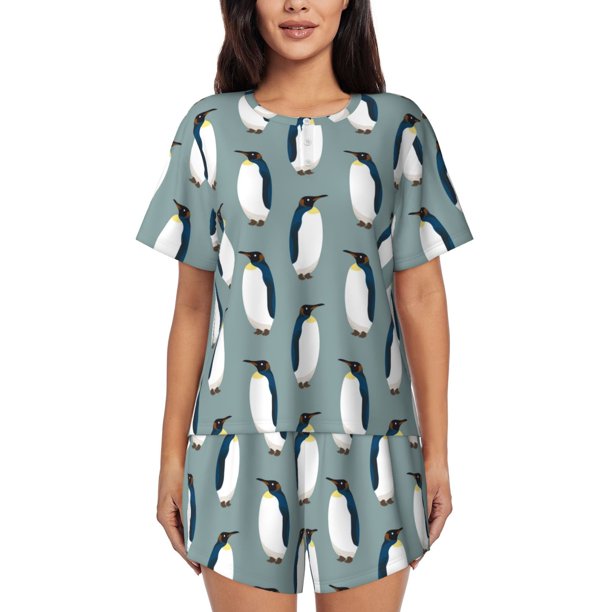 Fotbe Penguin Conjunto de Pijama Estampado para Mujer, 2 Piezas, Ropa de Dormir con Camiseta de Manga Corta y Shorts Suaves-Large