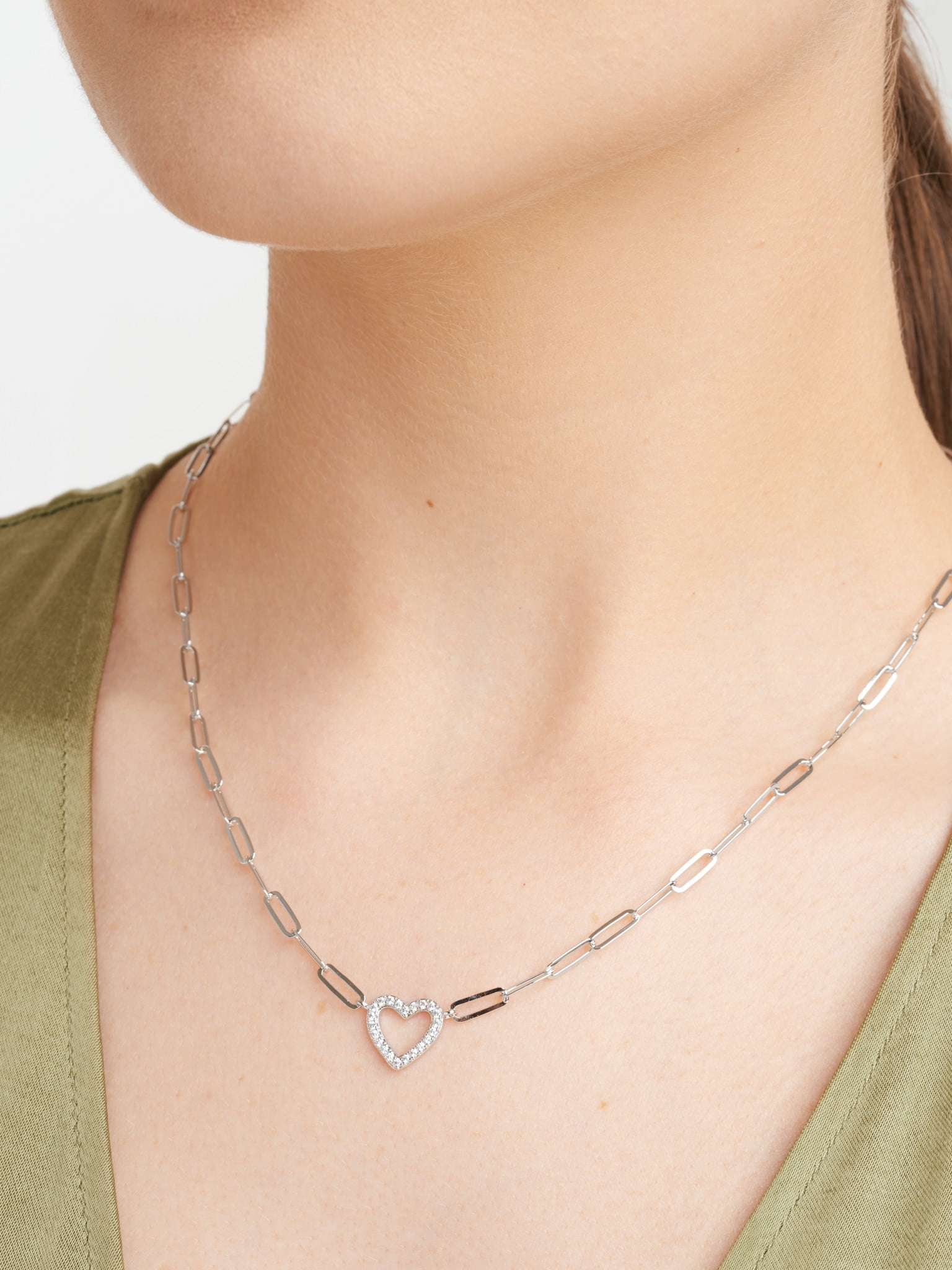 Forever Facets Cubic Zirconia Heart Paperclip 18” Necklace in Sterling Silver, Adult Female