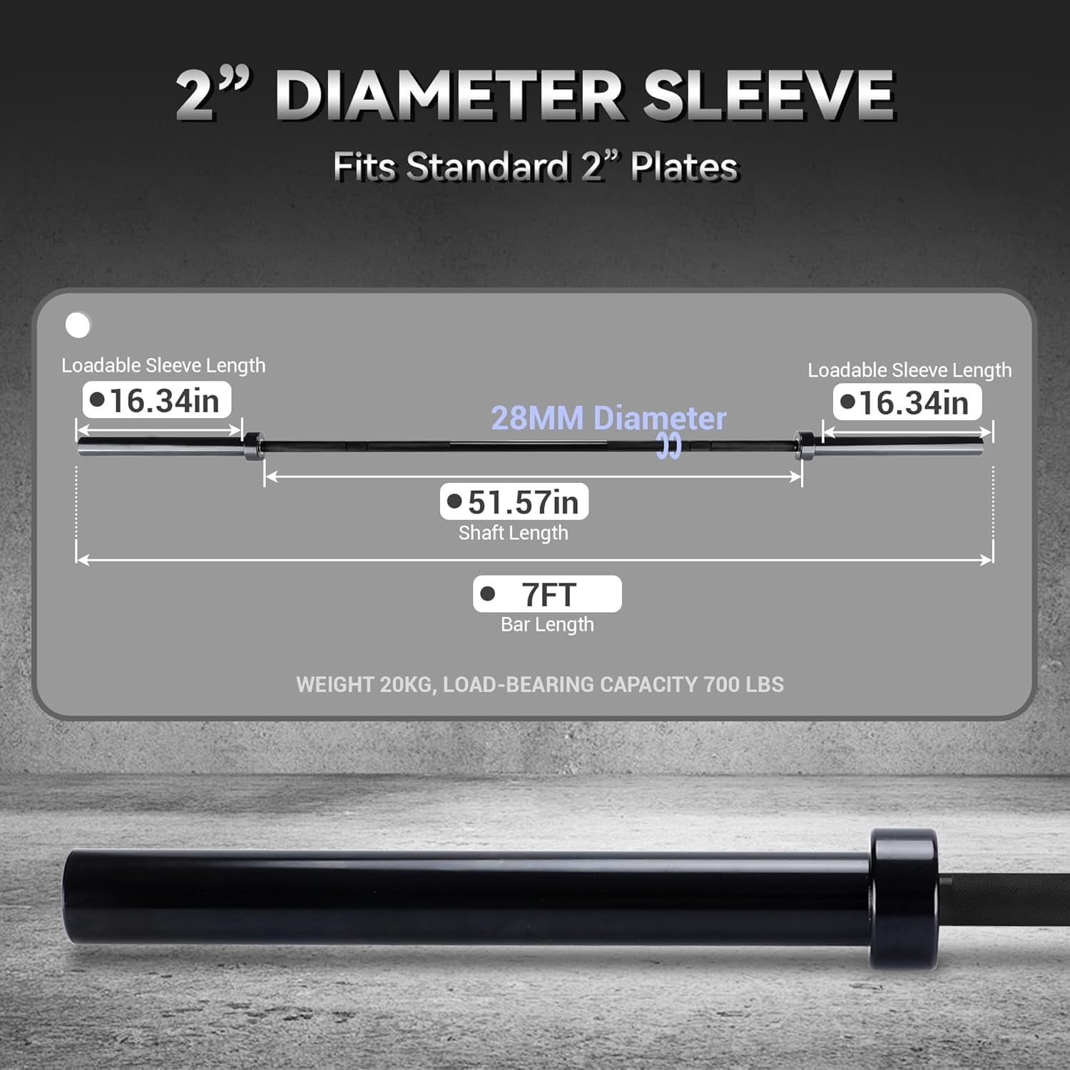 7FT Barbell, Weight Bar For Weightlifting and Powerlifting 45lb, Bar for 700lbs Capacity, Weight Bar Fit 2” Standard Weights